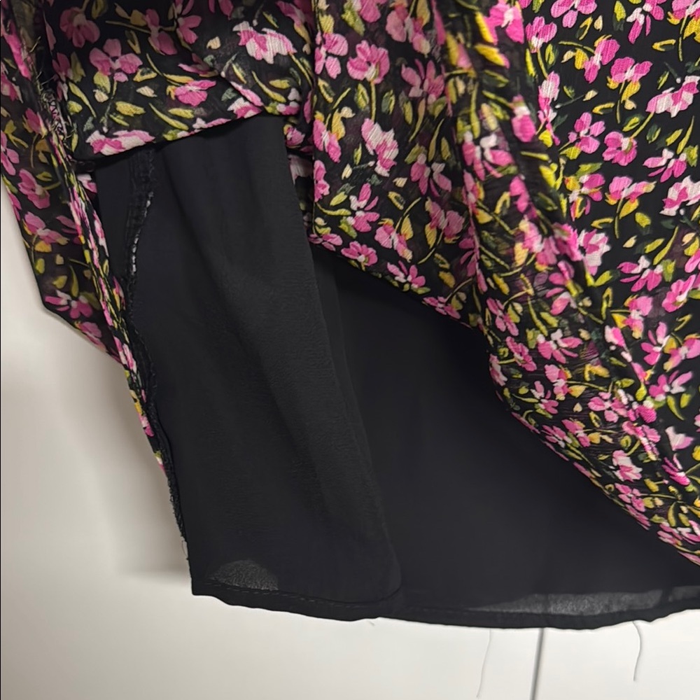 CeCe Black Floral V-Neck Blouse with Pink and Green Accents - Picture 4 of 4